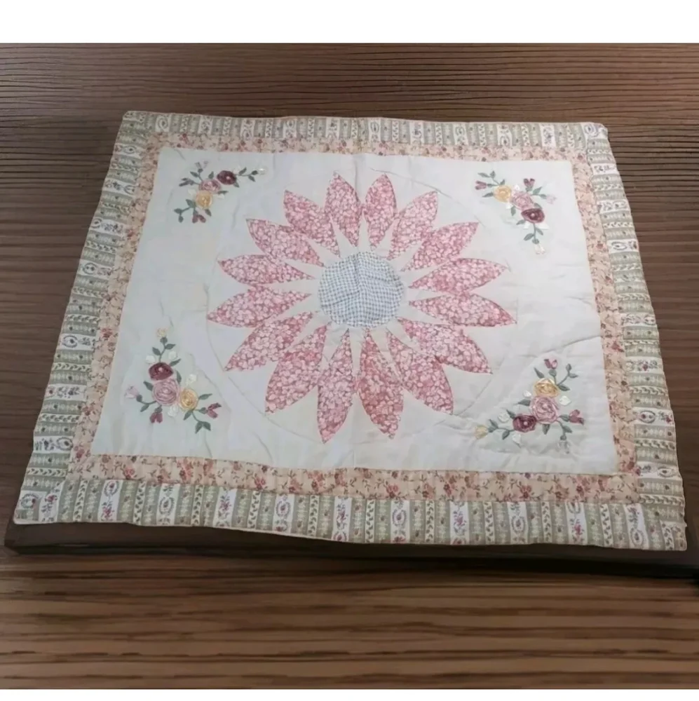 3D Quilted Pillow Sham Cottage Satin Embroider Beaded Floral Faux Pearl Standard